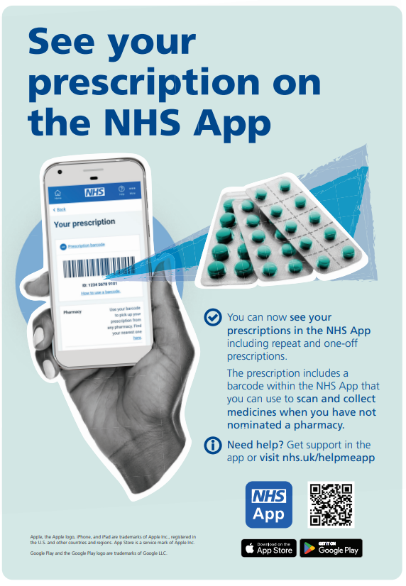 See your prescription on the NHS App. You can now see your prescriptions in the NHS App including repeat and one-off prescriptions. The prescription includes a barcode within the NHS App that you can use to scan and collect medicines when you have not nominated a pharmacy. Need help? Get support in the app or visit nhs.uk/helpmeapp